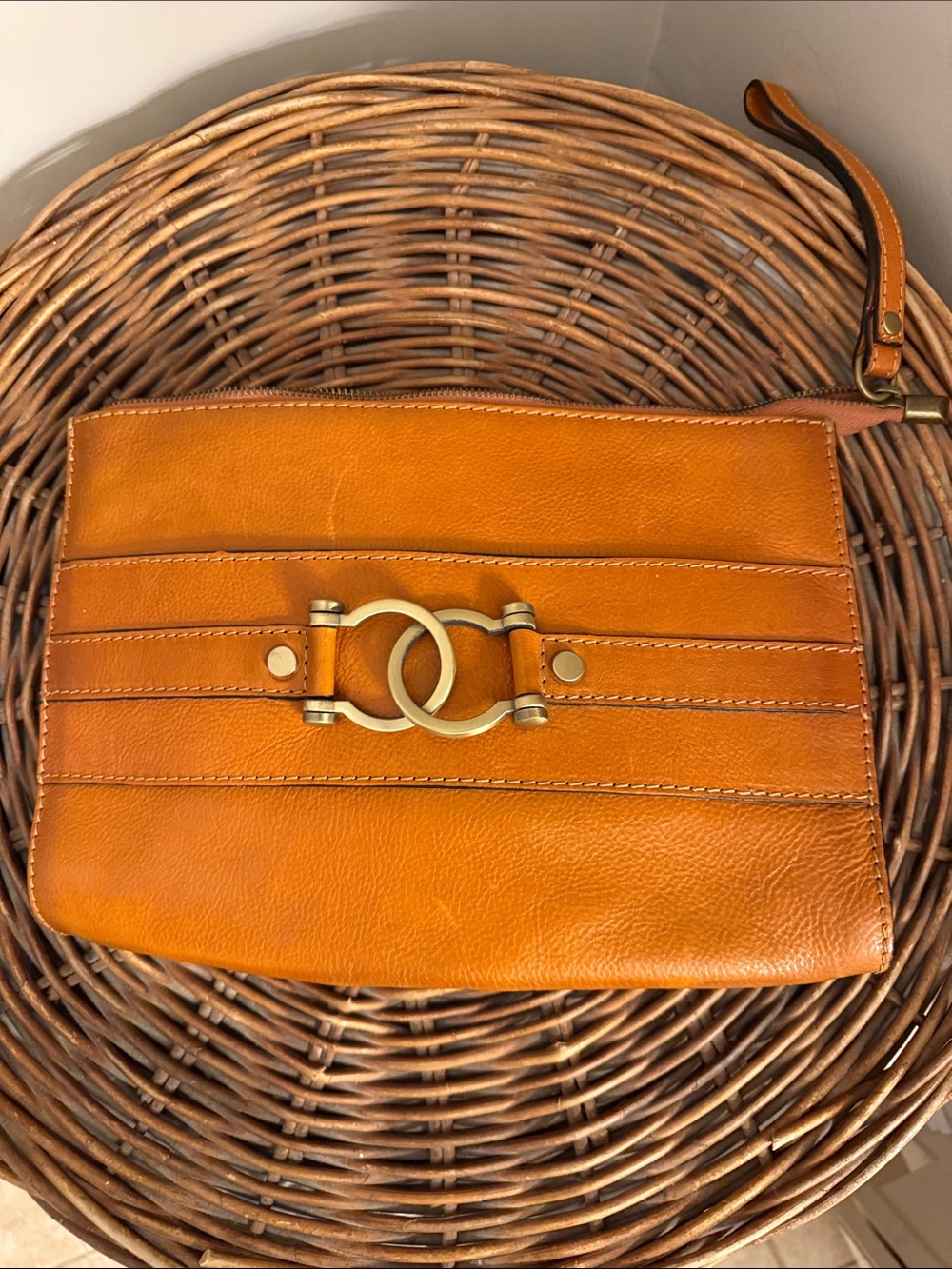 Women's Tan Leather Wristlet Clutch with Brass Accent